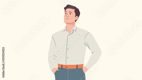 Illustration of a young man, depicted from the waist up against a white background. He is illustrated in a simplified, almost vector-like style, with minimal details.  The man has short brown hair
