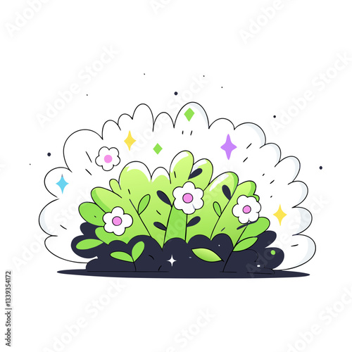 Lush floral bush vector with vibrant green leaves, blooming flowers, and sparkling details. Whimsical and nature-inspired illustration.