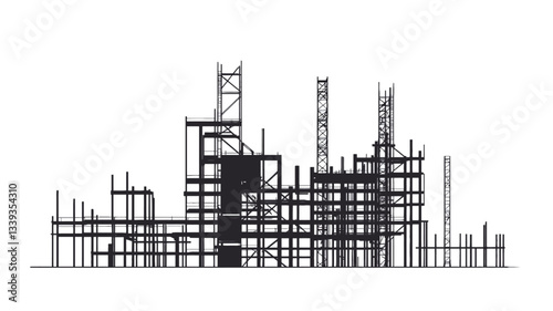 The image presents a monochrome line drawing or technical illustration of a large-scale steel framework.  The structure is depicted in profile view against a white background, showcasing a complex