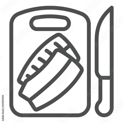 Fillet of fish on cutting board and knife line icon, fishery cooking concept. Vector graphics. Fresh fish sign on white background, outline style icon for mobile or web design.