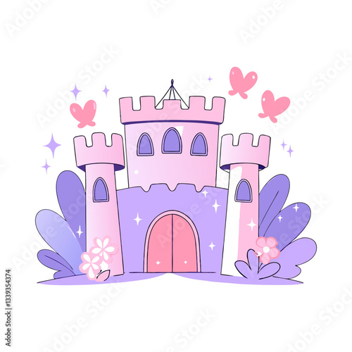 Enchanting fairy-tale castle vector in pastel pink and purple, surrounded by butterflies, sparkles, and whimsical foliage. Cute and magical illustration.