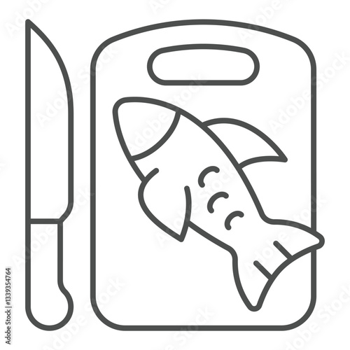Fish on cutting board and knife thin line icon, fishery cooking concept. Vector graphics. Fresh fish sign on white background, outline style icon for mobile or web design.
