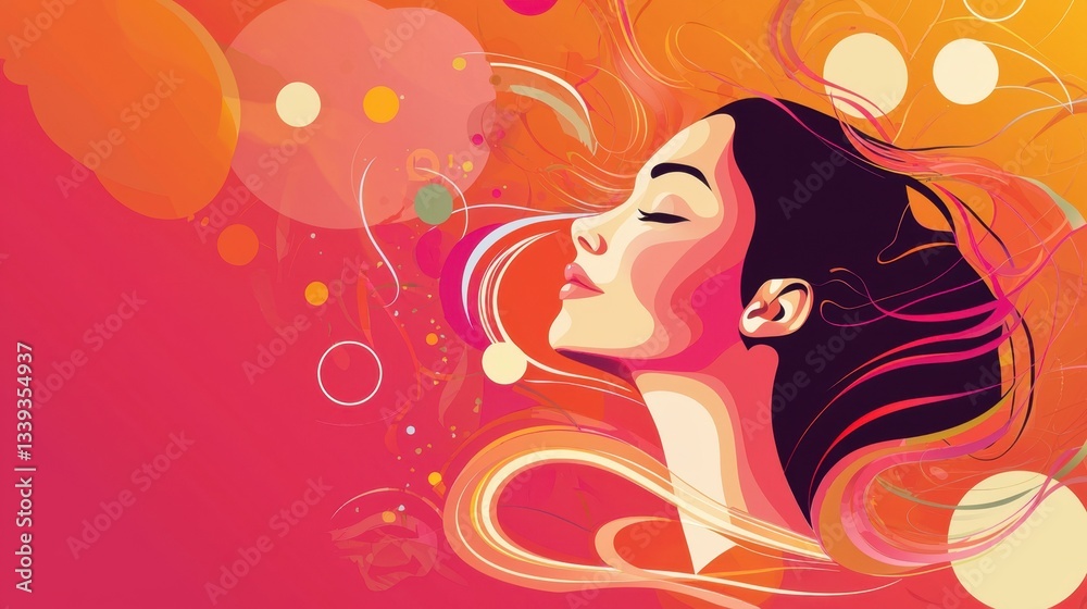 A woman with closed eyes is depicted in vibrant colors surrounded by swirling shapes and circles A woman with closed eyes is depicted in vibrant colors surrounded by swirling shapes and circles
