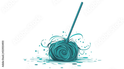 A digital illustration of a stylized cleaning tool, resembling a mop head. The mop head is teal or blue-green, depicted with swirling, textured strands.  The strands are rendered with a painterly,