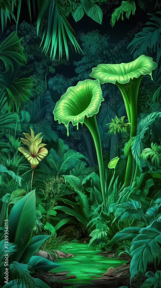 Fototapeta premium Lush green tropical jungle scenery depicting a beautiful hidden paradise