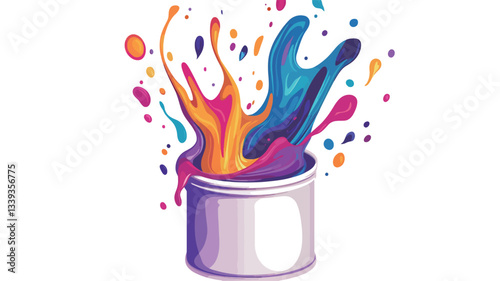 A digital illustration depicting a white paint can with a vibrant splash of multiple colors erupting from it. The colors include shades of purple, orange, yellow, and blue, creating a dynamic and