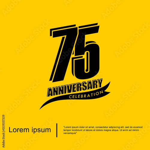 75th years anniversary celebration emblem. black logo isolated with ribbon on yellow background. vector illustration template design for web, flyers, poster, greeting card and invitation card	