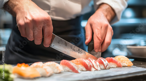Chef skillfully slicing fresh sushi in a bustling kitchen with vibrant ingredients nearby