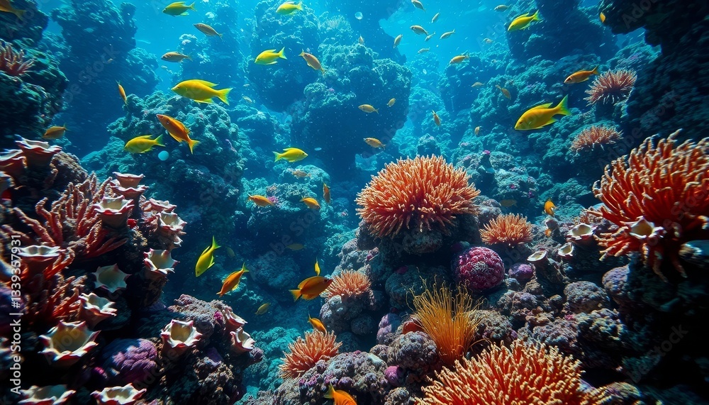 Fototapeta premium Vibrant Underwater Scene A Colorful Reef Ecosystem Thriving with Diverse Marine Life and Coral Formations