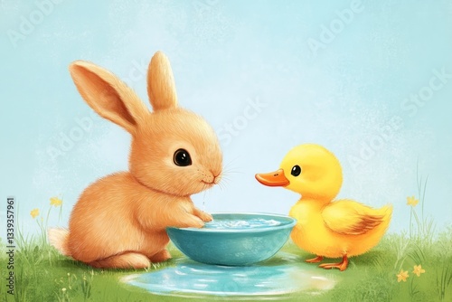 Wallpaper Mural cute rabbit and duckling drink water from bowl. spring nature illustration. children's book poster or nursery decor. Torontodigital.ca