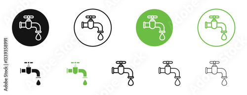 Faucet drip icons in black and green colors. vector pack