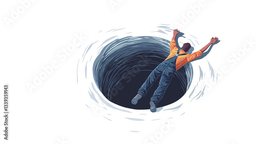 An illustration depicts a man falling into a dark, swirling vortex. The vortex is circular and dark blue, with lighter blue swirling patterns indicating movement. The man is depicted in a somewhat
