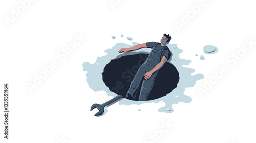 The image is a vector illustration depicting a man in dark blue overalls falling into a large, irregularly shaped black hole. The hole has a slightly textured, watercolor-like effect around its
