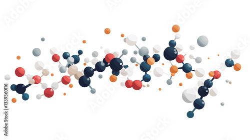 The image is a digital illustration depicting an abstract molecular structure.  Numerous spheres of varying sizes in shades of red, orange, blue, grey, and white are connected by thin lines,