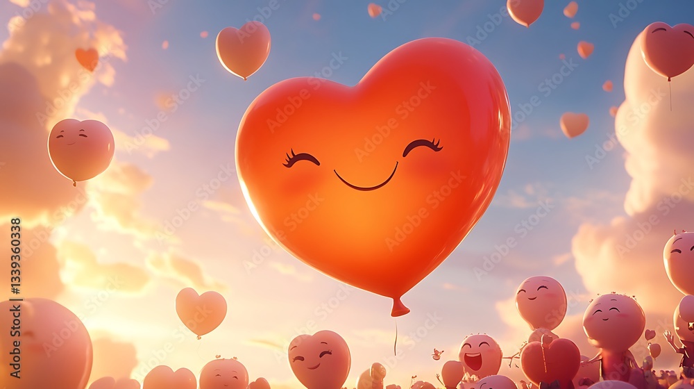 Fototapeta premium Numerous heart shaped balloons floating joyfully in the sky