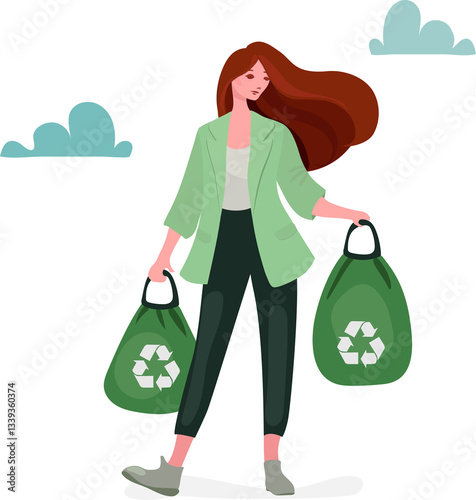 Young woman holding two green garbage bags with recycling symbols, representing waste management. She is dressed in eco-friendly colors, symbolizing care for the planet and sustainability.