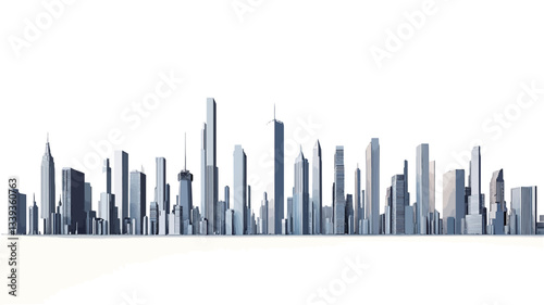 The image is a digitally rendered illustration depicting a panoramic silhouette of a modern city skyline against a white background.  The skyline consists of numerous skyscrapers of varying heights