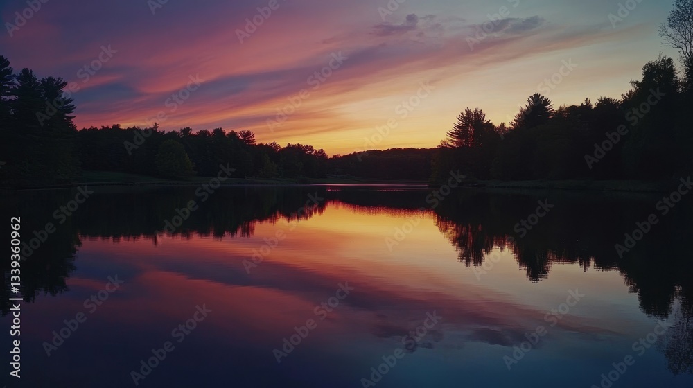 A tranquil lake reflecting the colorful hues of a sunset sky, surrounded by trees. A tranquil lake reflecting the colorful hues of a sunset sky, surrounded by trees.