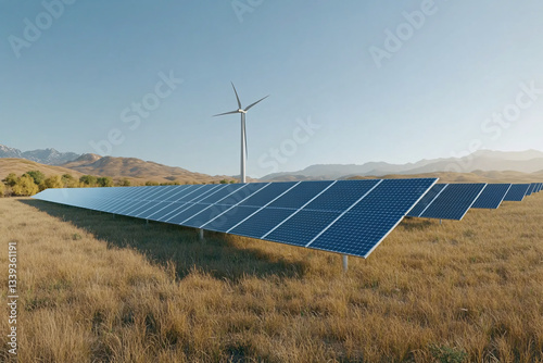 Renewable energy landscape featuring a solar farm with blue photovoltaic panels and a wind turbine in the distance, set against rolling hills under a clear sky, promoting sustainability and clean ener