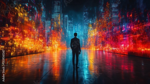 Businessman in futuristic cityscape with data streams
