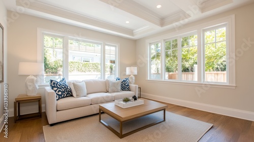 Bright and airy living room with modern furniture, large windows, and lush greenery outside
