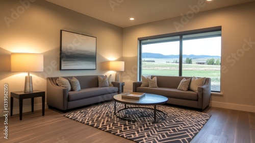 Modern living room featuring stylish furniture, large windows with scenic views, and warm lighting