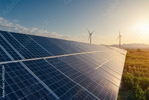 Renewable energy landscape featuring a solar farm with blue photovoltaic panels and a wind turbine in the distance, set against rolling hills under a clear sky, promoting sustainability and clean ener