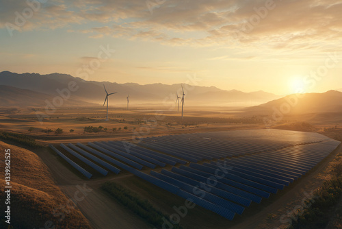 Renewable energy landscape featuring a solar farm with blue photovoltaic panels and a wind turbine in the distance, set against rolling hills under a clear sky, promoting sustainability and clean ener