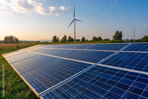Renewable energy landscape featuring a solar farm with blue photovoltaic panels and a wind turbine in the distance, set against rolling hills under a clear sky, promoting sustainability and clean ener