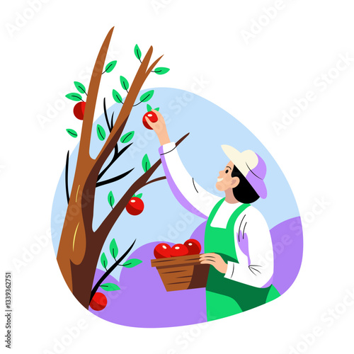 A flat style illustration of apple picking character