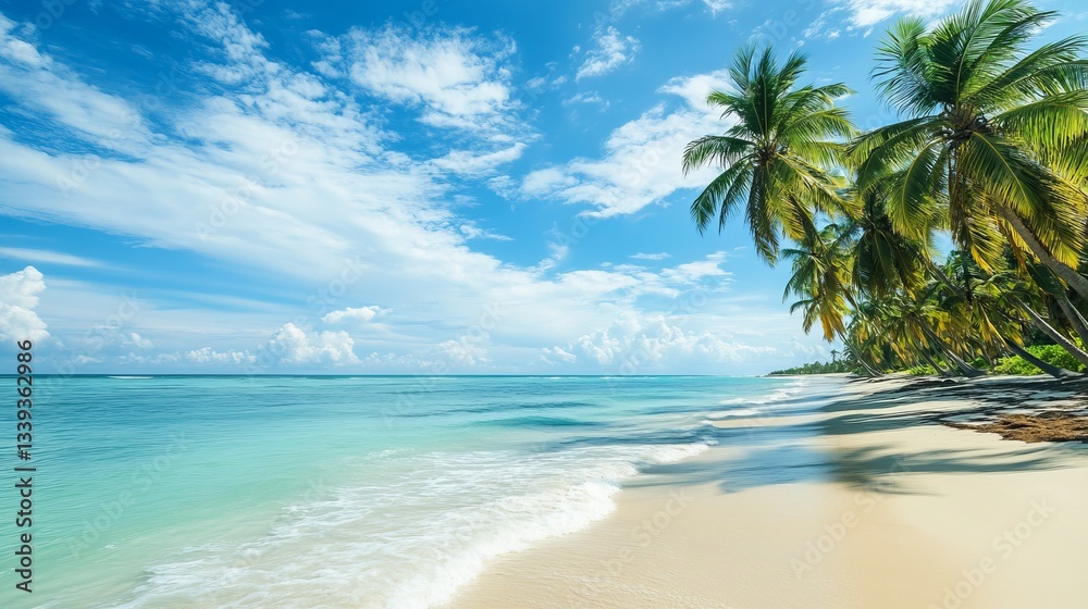 A tropical beach with palm trees swaying in the breeze and turquoise waters. A tropical beach with palm trees swaying in the breeze and turquoise waters.