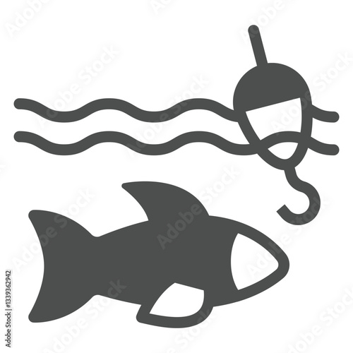 Fish underwater with fishhook and float bobber solid icon, fishing concept. Vector graphics. Fisher man sign on white background, glyph style icon for mobile or web design.