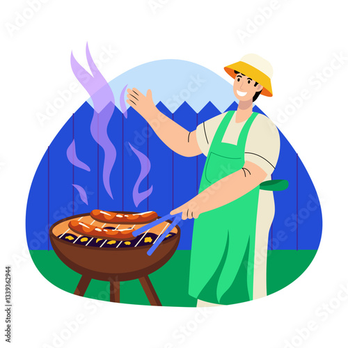 A flat style illustration of a character making grilled bbq