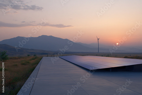 Renewable energy landscape featuring a solar farm with blue photovoltaic panels and a wind turbine in the distance, set against rolling hills under a clear sky, promoting sustainability and clean ener
