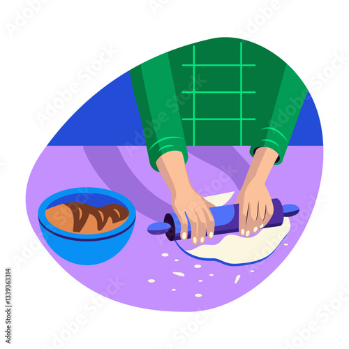 A flat style illustration of dough kneading with rolling pin