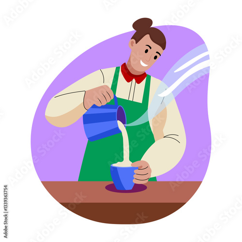 A flat style illustration of a character making coffee