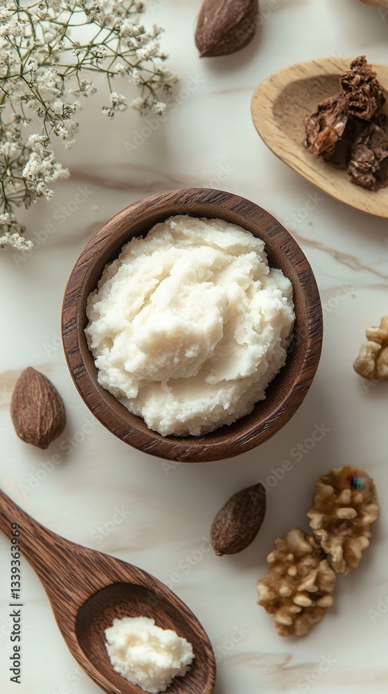 Creamy shea butter in wooden bowl with walnuts and flowers on marble background for skincare wellness Creamy shea butter in wooden bowl with walnuts and flowers on marble background for skincare wellness