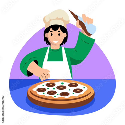 A flat style illustration of pizza maker character