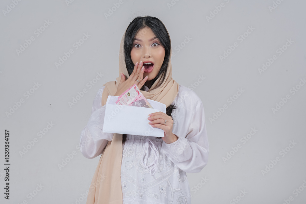 Shocked Asian Muslim pregnant woman in a veil hijab holding Eid Al Fitr money gift or THR. Shocked Asian Muslim pregnant woman in a veil hijab holding Eid Al Fitr money gift or THR.