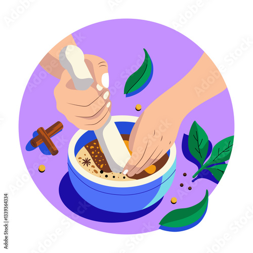 Spice grinding in mortar pestle, flat style illustration