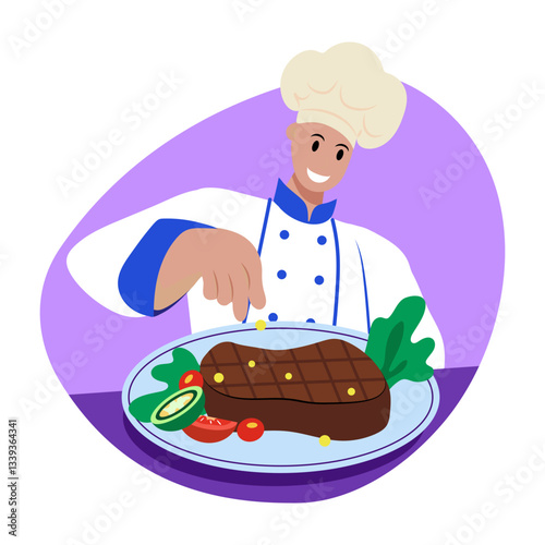 Expert chef doing steak plating, flat style illustration