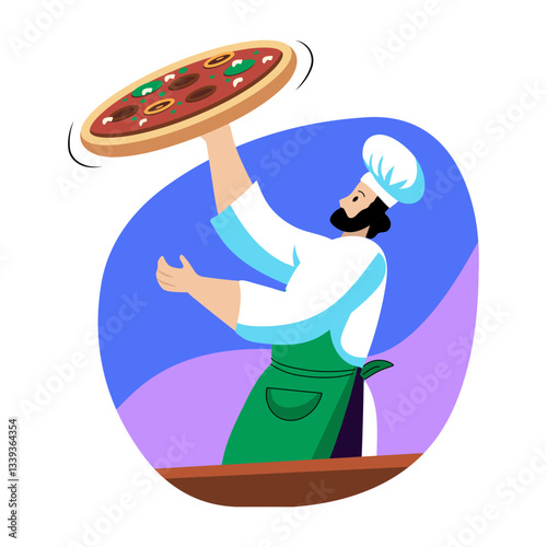 A flat illustration of an expert chef tossing pizza