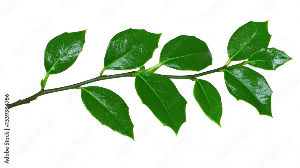 Fototapeta premium Vibrant Green Holly Branch Isolated on White Background