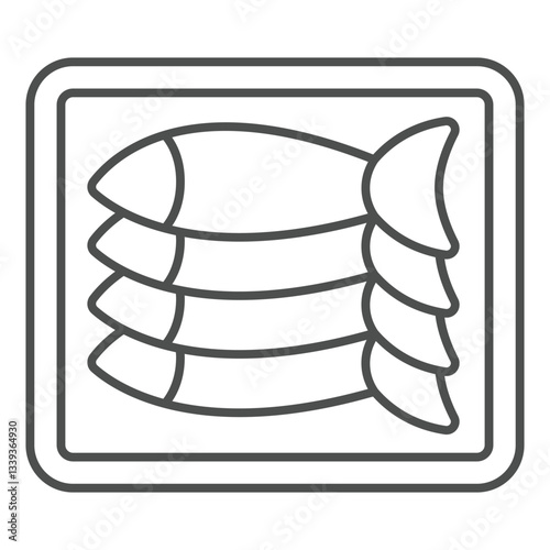 Package of canned fish thin line icon, fishery product concept. Vector graphics. Fish container sign on white background, outline style icon for mobile or web design.