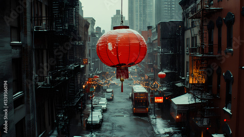 A vibrant red lantern hangs above a snowy Chinatown street, bustling with festive lights and activity