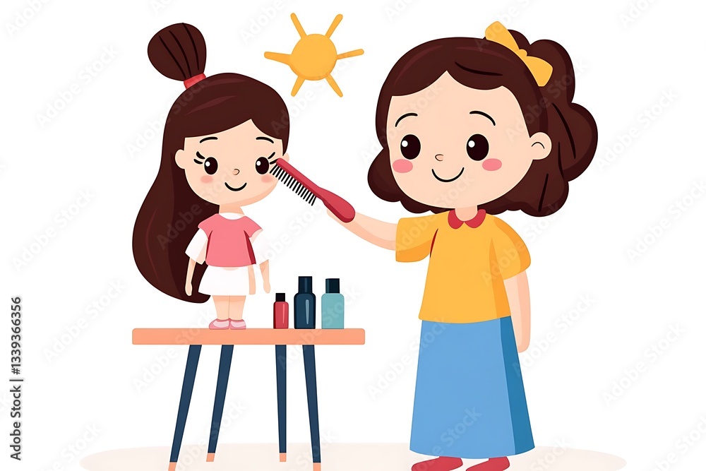 Girl brushing doll's hair, sunny day, playroom, childhood fun Girl brushing doll's hair, sunny day, playroom, childhood fun