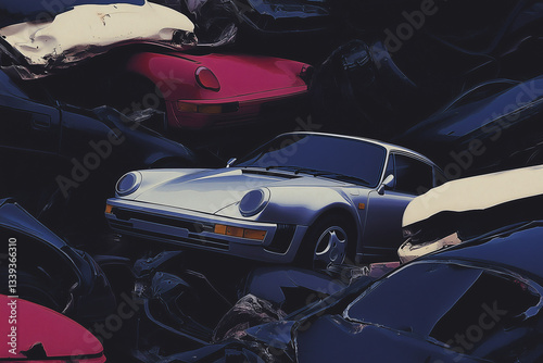 Lost in the Junkyard: A vintage silver car, a symbol of a bygone era, sits amidst the wreckage of discarded vehicles, creating a poignant study of obsolescence and industrial waste.