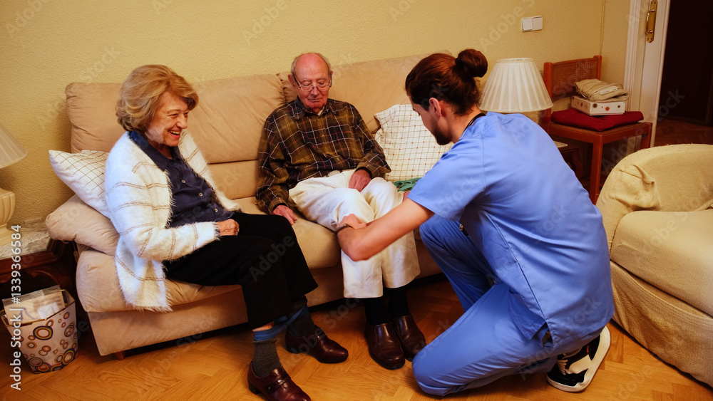 Senior couple exercising with resistance band, guided by healthcare professional during home visit