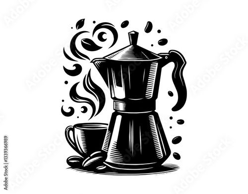 moka pot coffee maker with cup and beans illustration