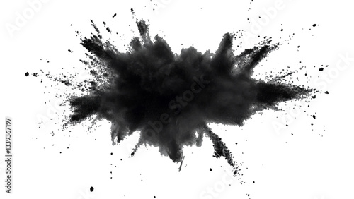 Black powder explosion with dark colors isolated white background. Abstract powder splatted on white background, Black vibrant paint black powder explosion with dark colors isolated white background.